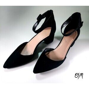 ZBY Black Suede Pointed Toe Ankle Strap 2in Chunky Heels - Size 9